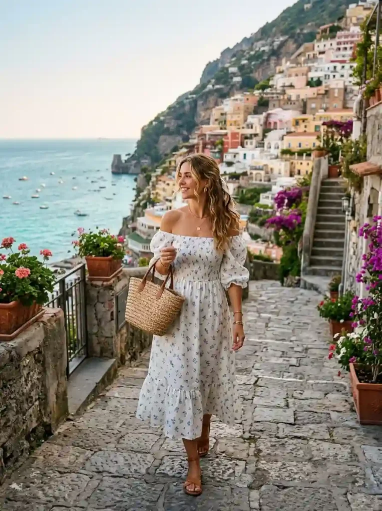12.Off-Shoulder Dress and Woven Bag