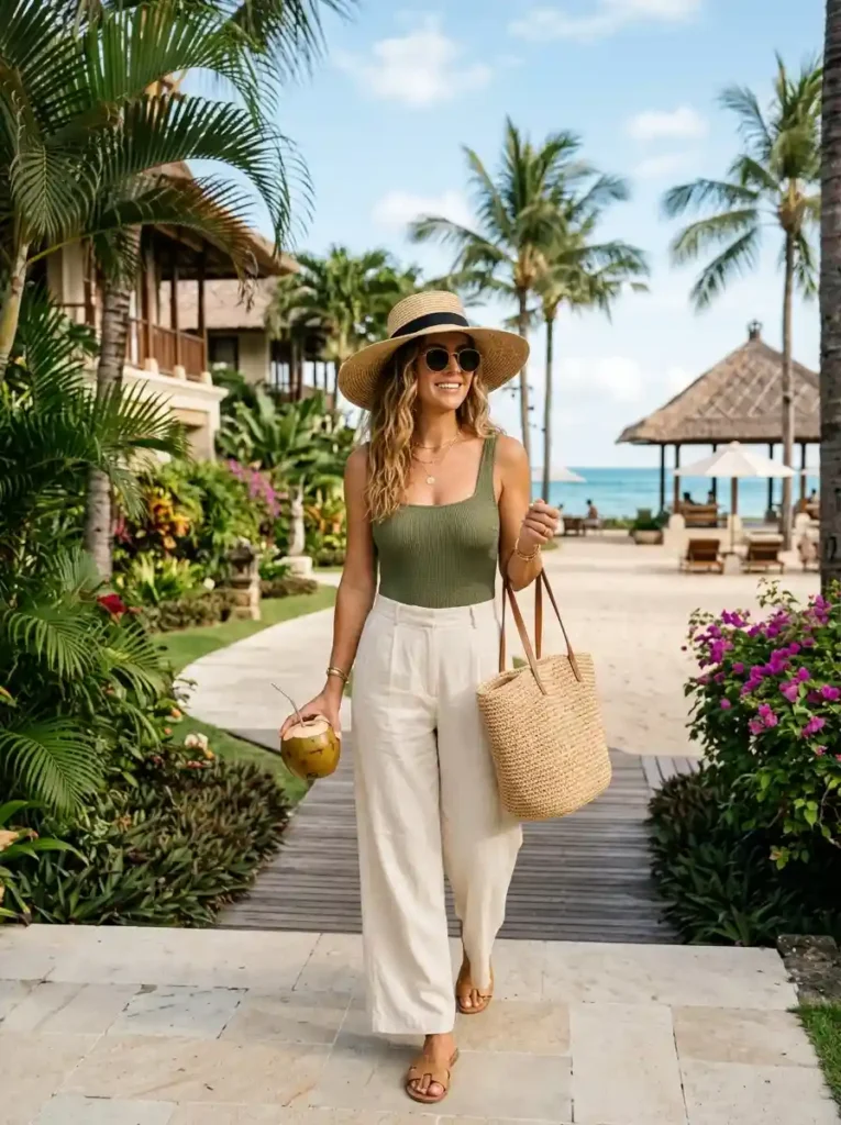 One-Piece Swimsuit and Wide-Leg Pants