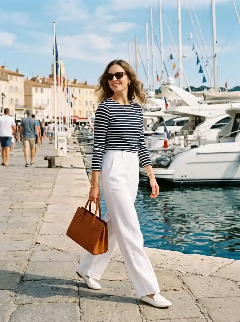 White Wide-Leg Trousers and Striped Marinière
