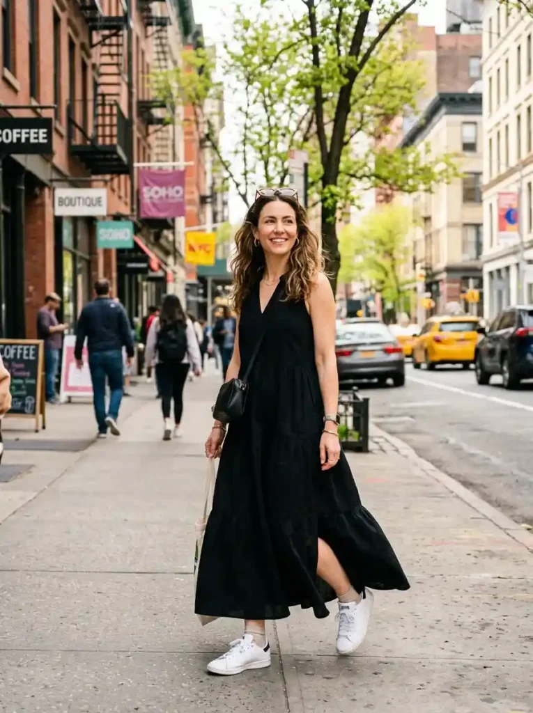 Black Maxi Dress and Sneakers