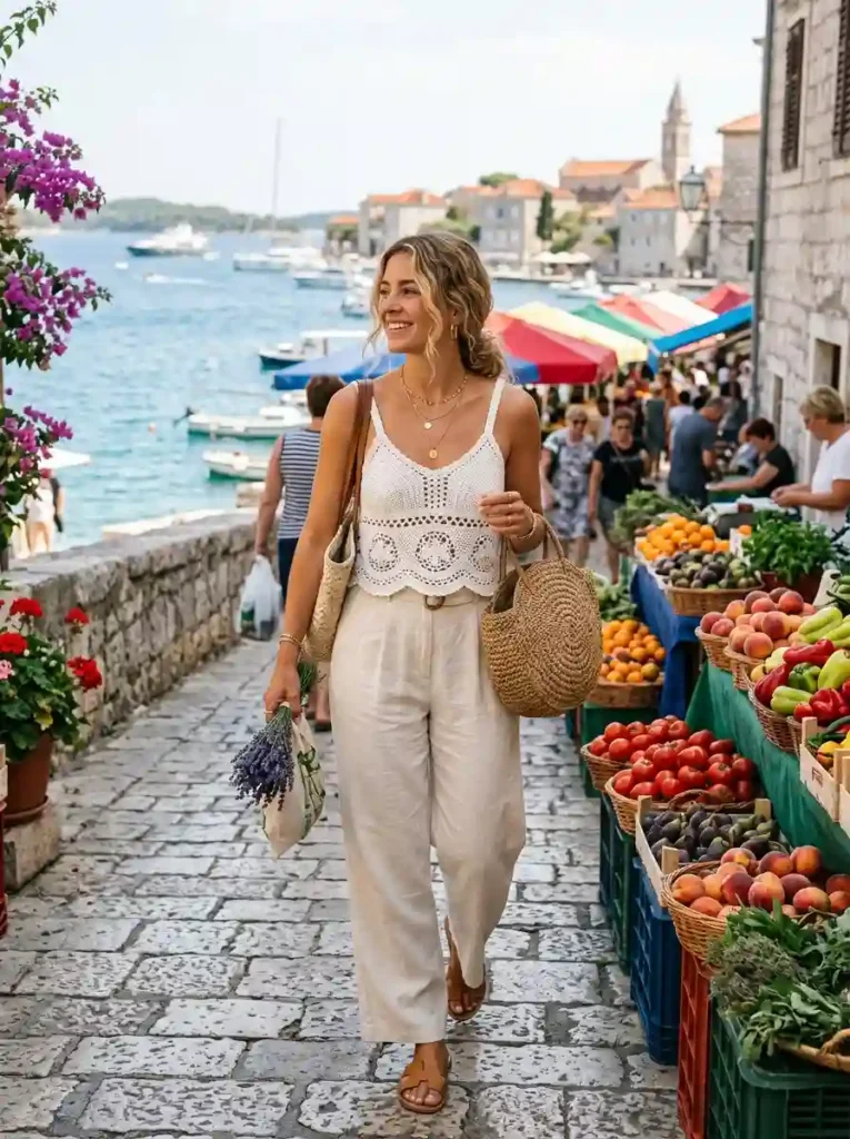 Crochet Top and Linen Trousers