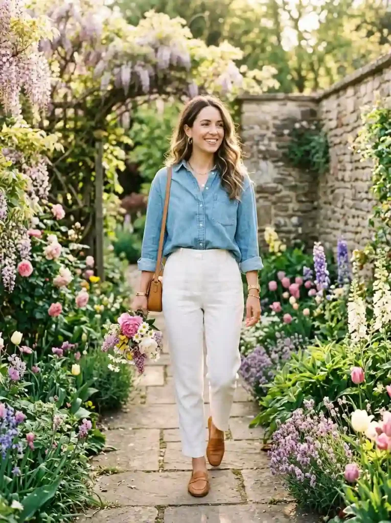 Denim Shirt and White Trousers