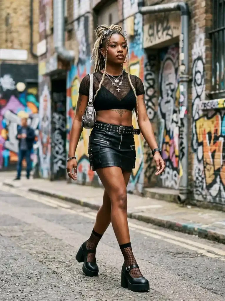 .Mesh Top and Leather Mini Skirt