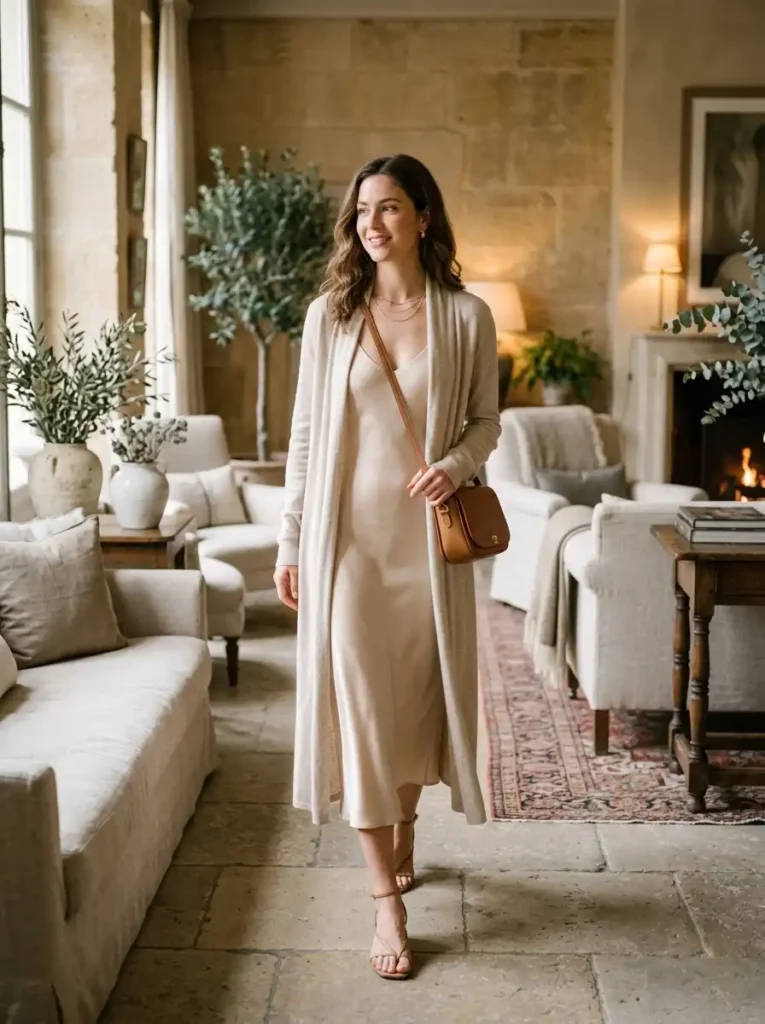 Nude Slip Dress and Long Cardigan