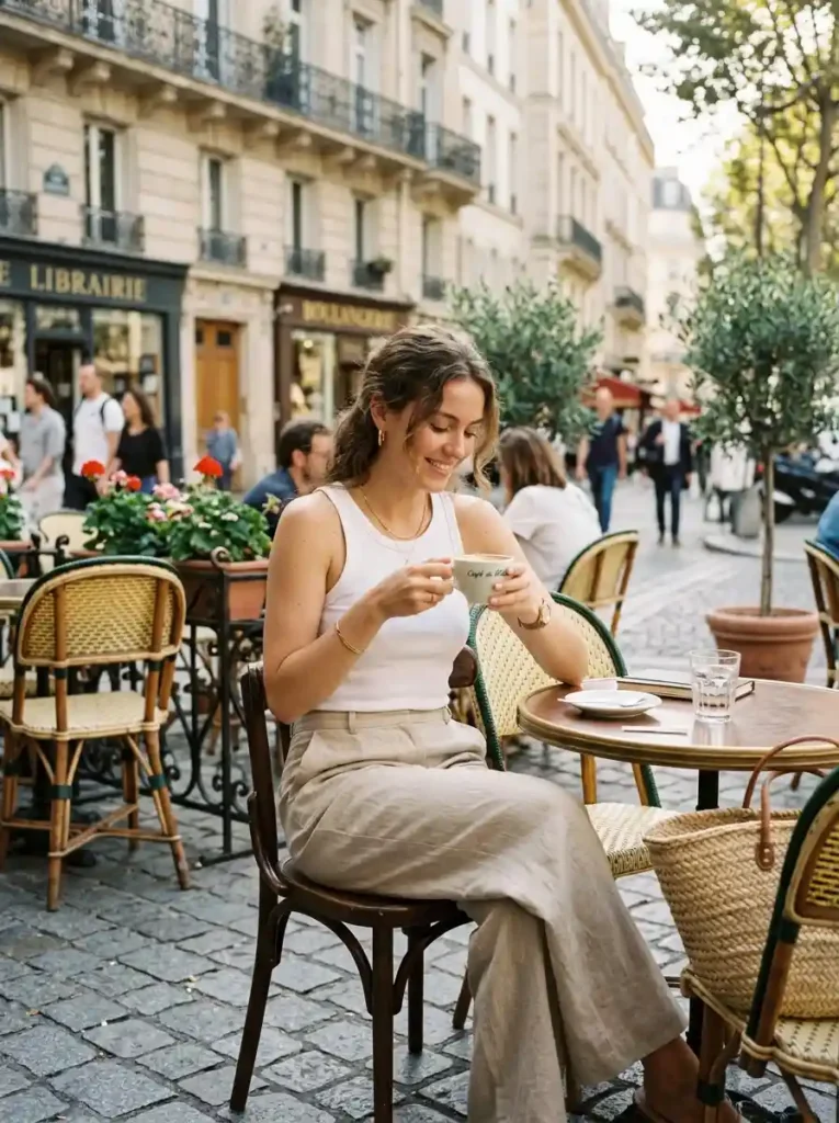 13.White Tank and Wide-Leg Trousers