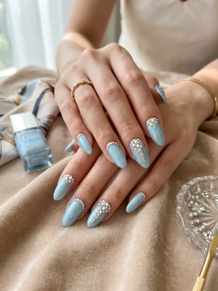 Ice Blue Rhinestone Nails