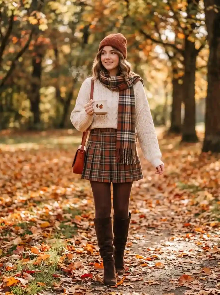 Plaid Skirt and Knit Sweater