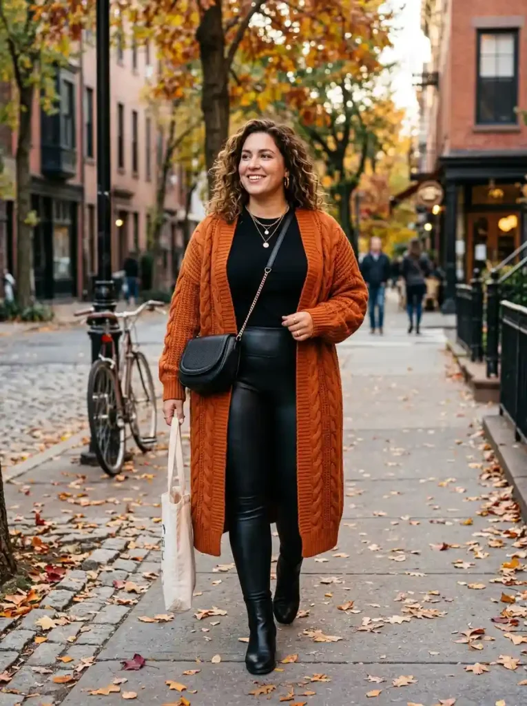 Rust Oversized Cardigan and Faux Leather Leggings