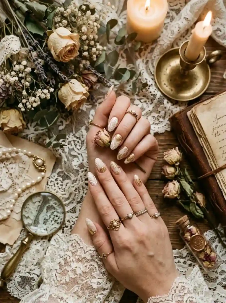 Vintage Ivory Lace Nails with Antique Gold