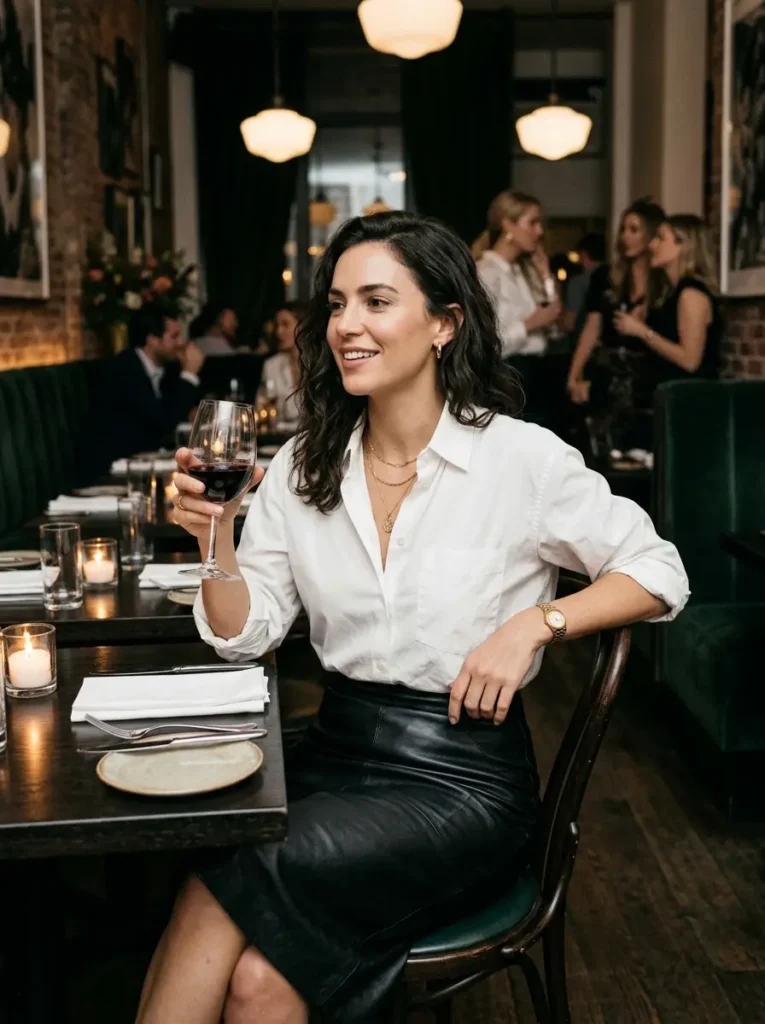 White Button-Down and Leather Skirt