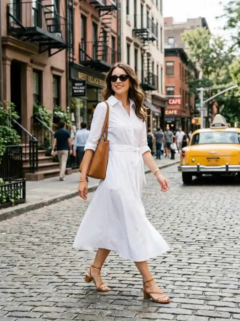 .Poplin Shirt Dress and Sandals