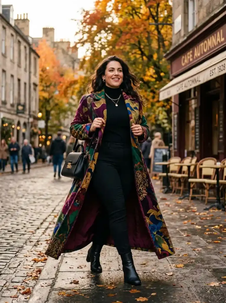 Bold Printed Maxi Coat Over All-Black