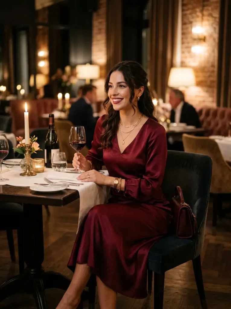 Burgundy Dress with Gold Accessories