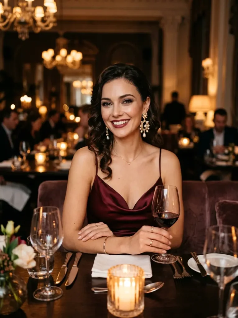 Burgundy Satin Dress with Statement Earrings
