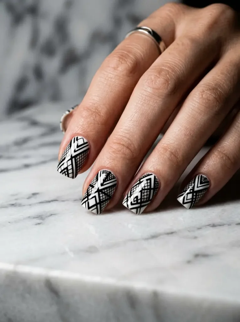 Geometric Lace Nails with Modern Edge