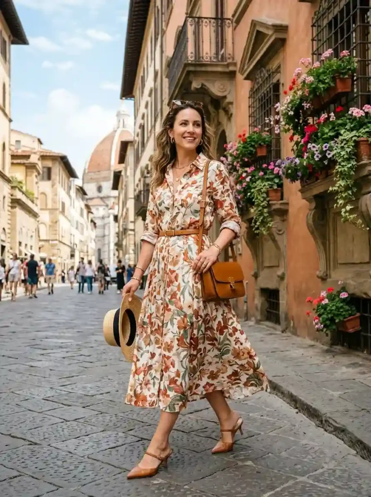 .Printed Shirt Dress and Leather Belt