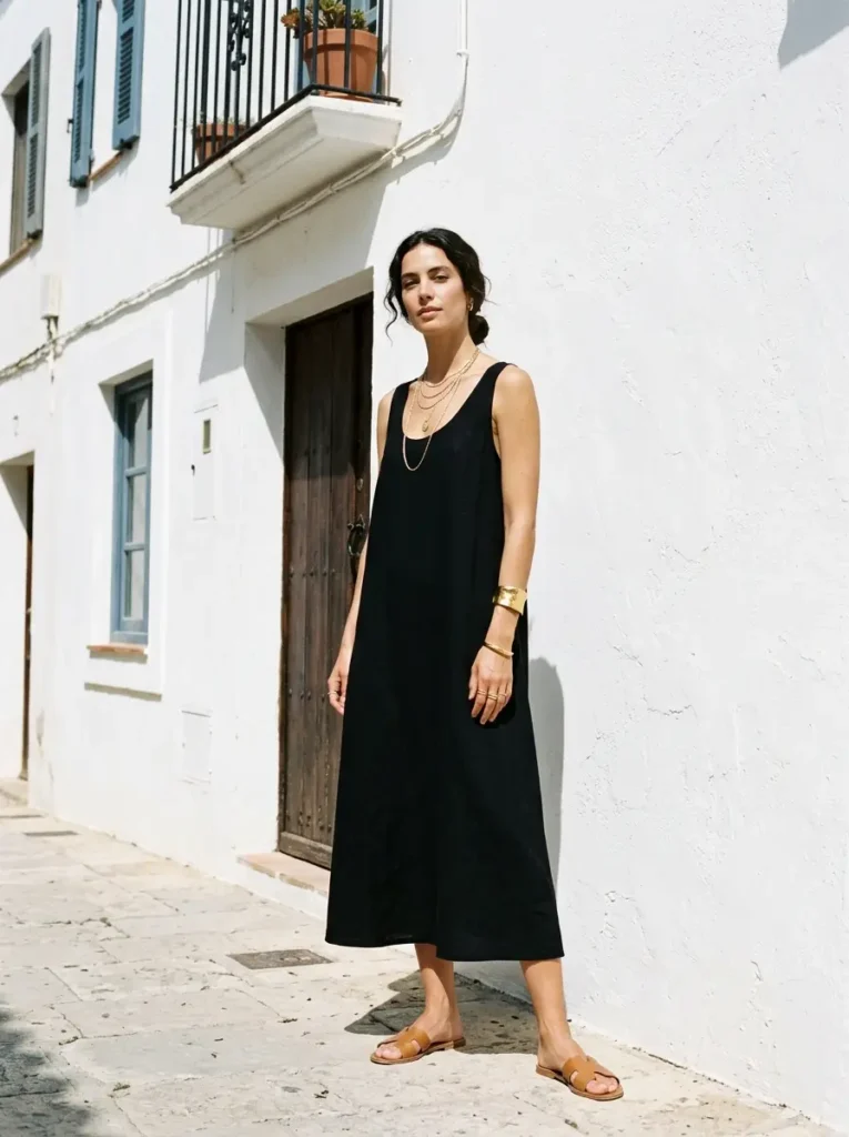 Simple Black Midi Dress and Gold Accessories