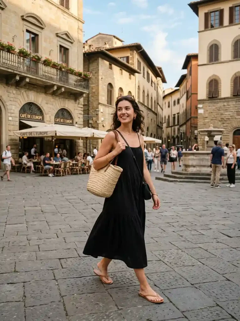 16.Black Sundress and Sandals