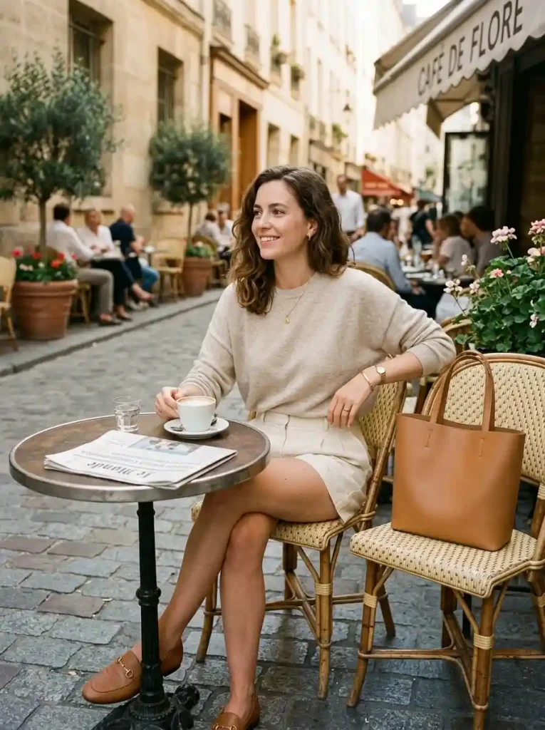 Cream Shorts and Fine-Knit Sweater