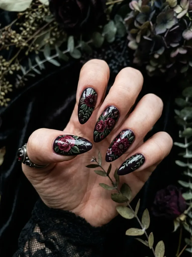 Dark Floral Nail Art