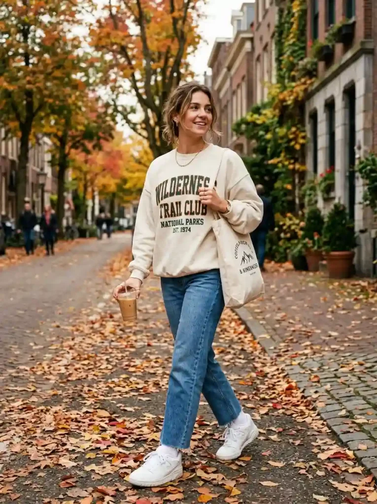 .Graphic Sweatshirt and Straight-Leg Jeans