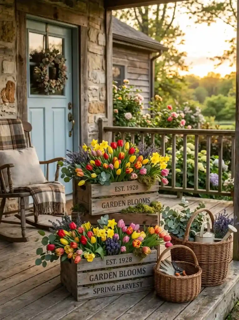 Rustic Wooden Crates Filled with Spring Blooms