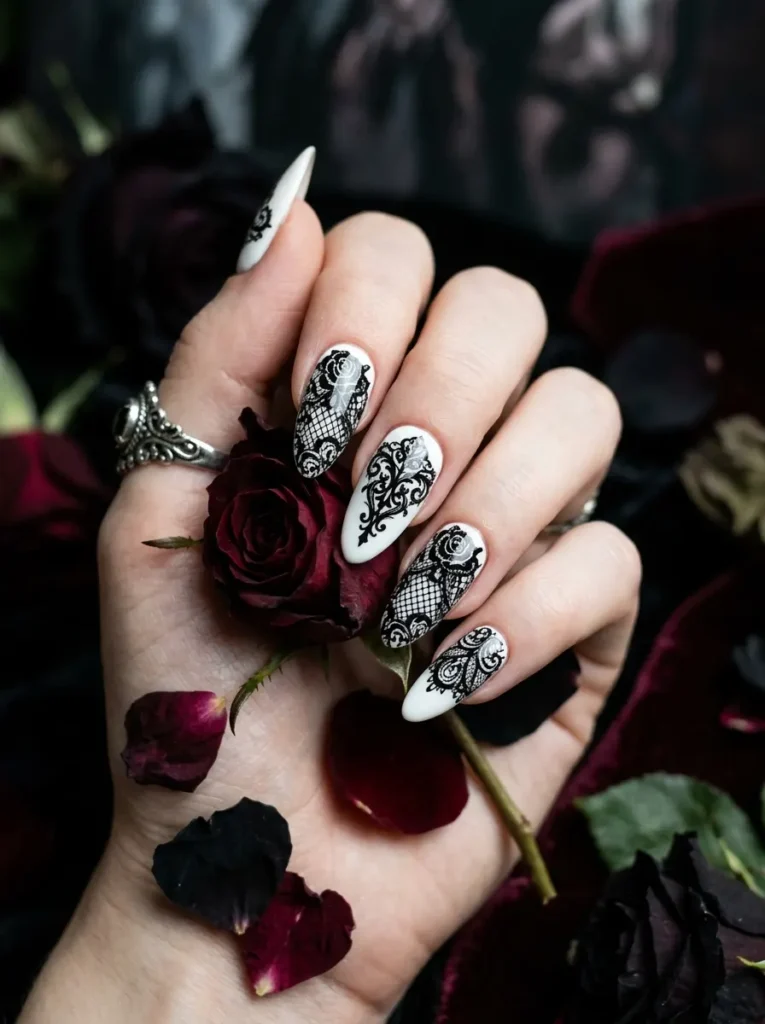 Black Lace Overlay on White Nails