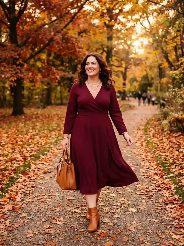 Burgundy Wrap Dress and Ankle Boots