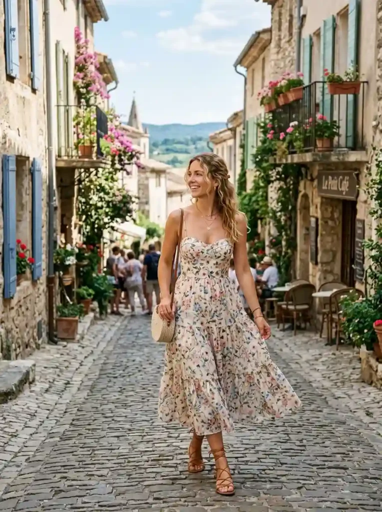 2.Floral Midi Dress and Strappy Sandals
