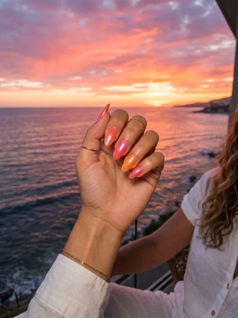 Sunset Pink and Orange Glazed Nails