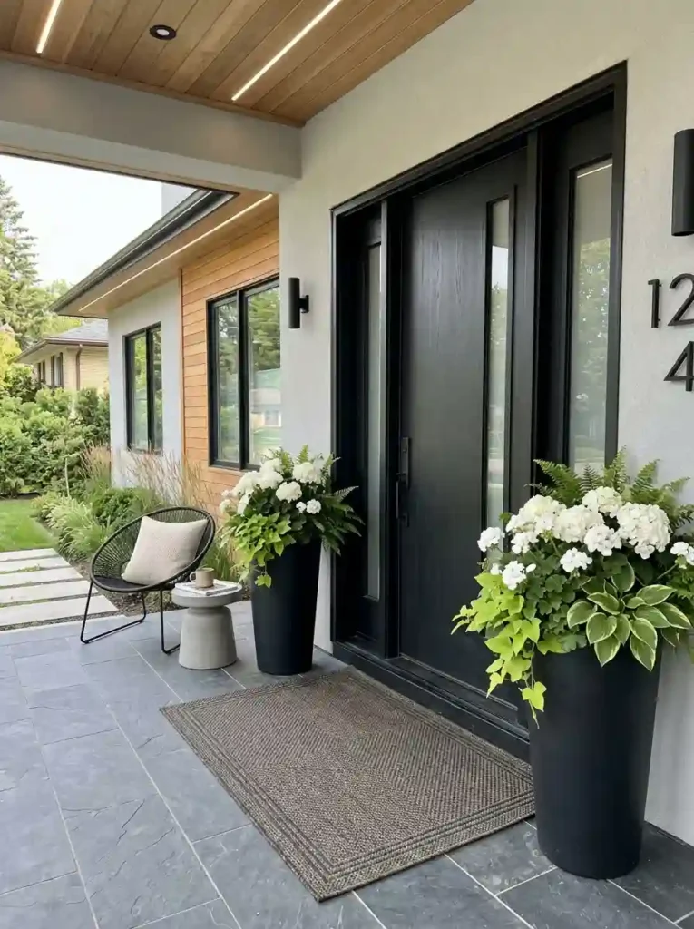 Black Modern Planters with White Flowers