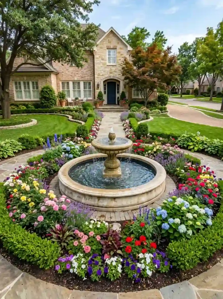 Circular Fountain with Flower Beds