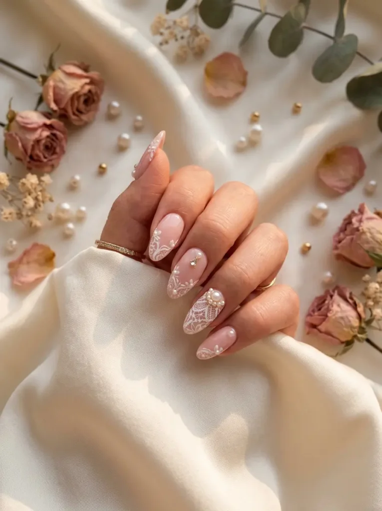 Blush Pink Lace Nails with Pearl Accents