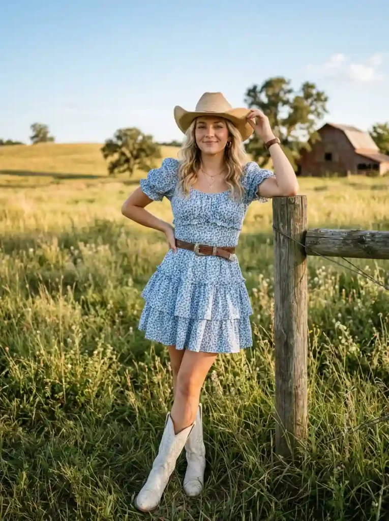 Floral Dress and White Cowboy Boots