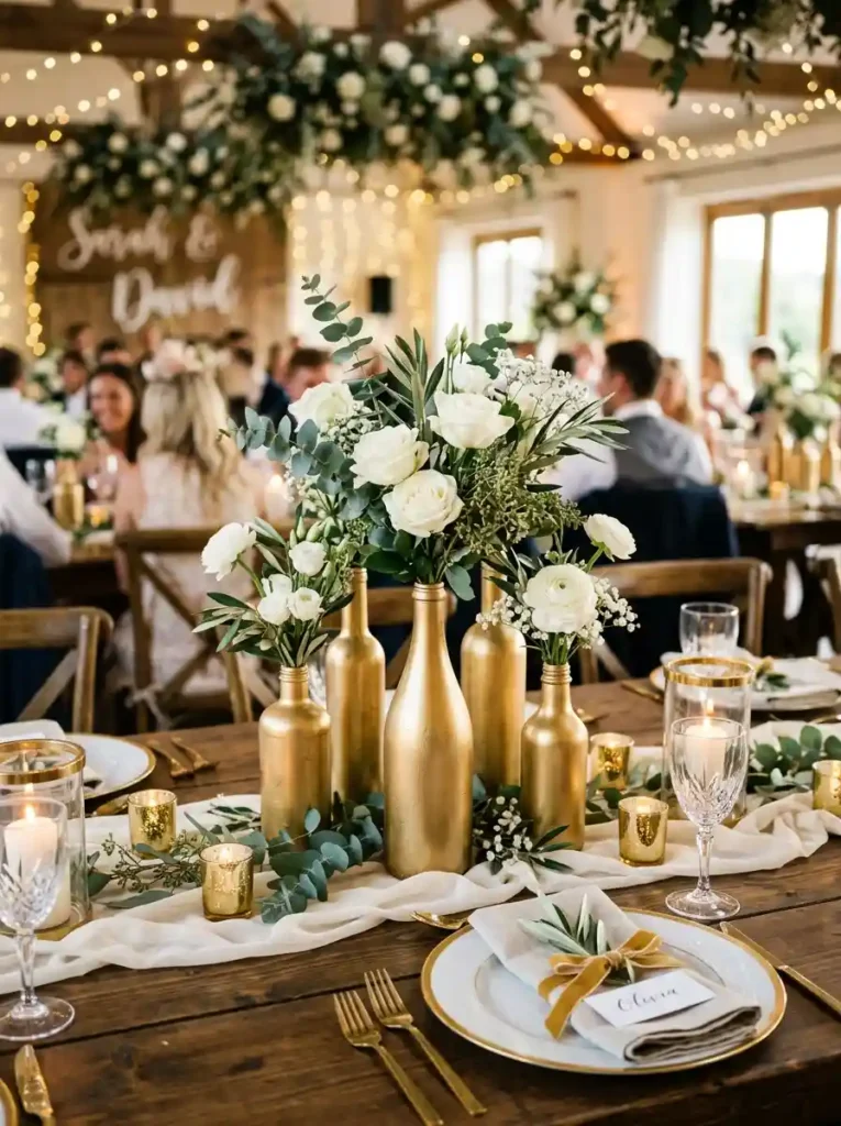 Gold Spray-Painted Bottles with Flowers