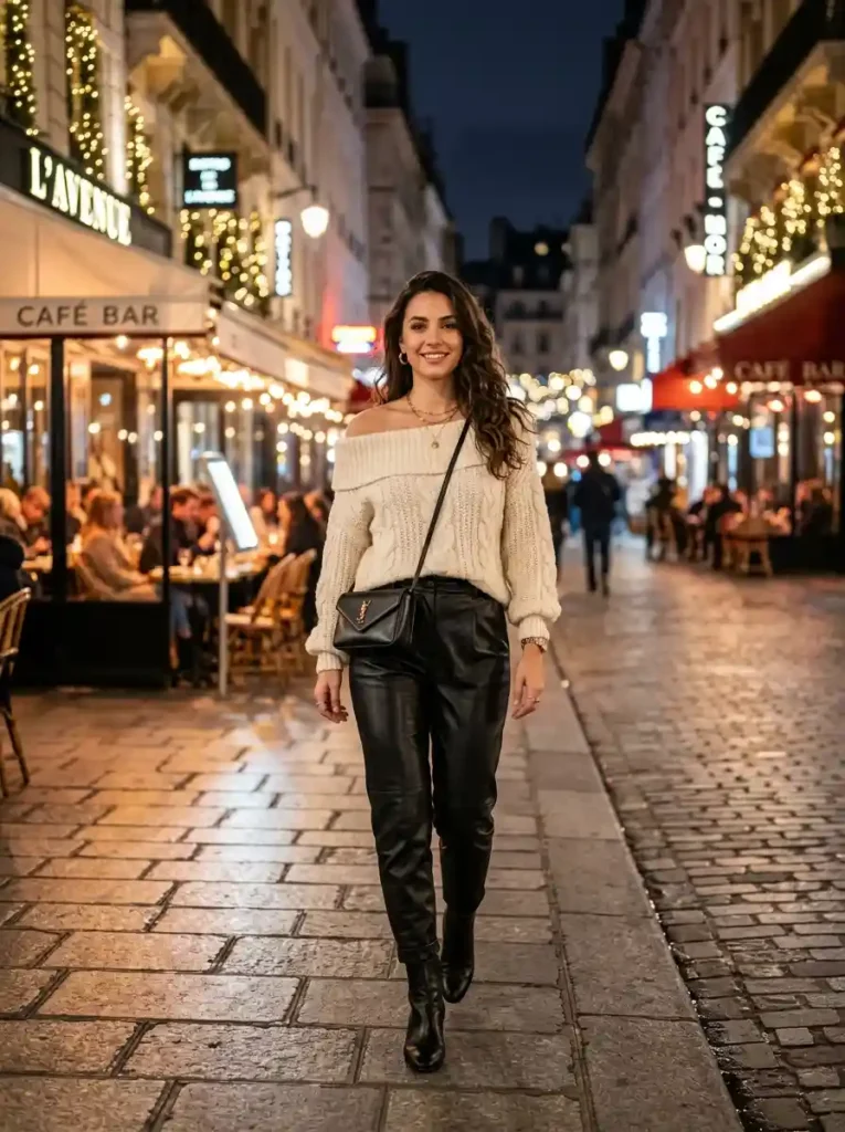 Off-Shoulder Sweater with Leather Pants