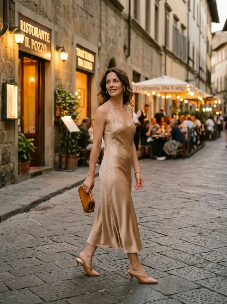 Silk Slip Dress and Leather Mules