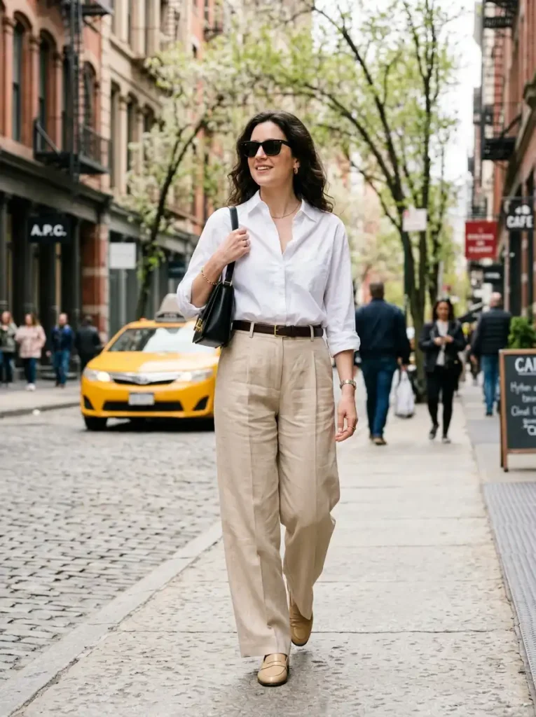 White Button-Down and Wide-Leg Trousers