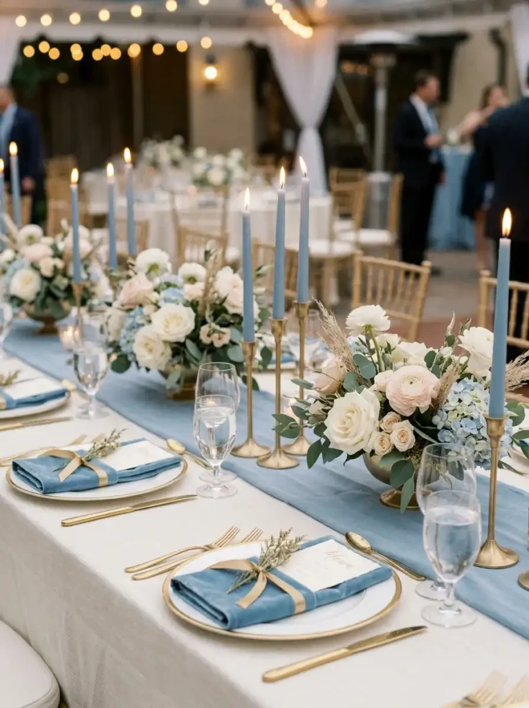 Blue Taper Candles and Gold Holders
