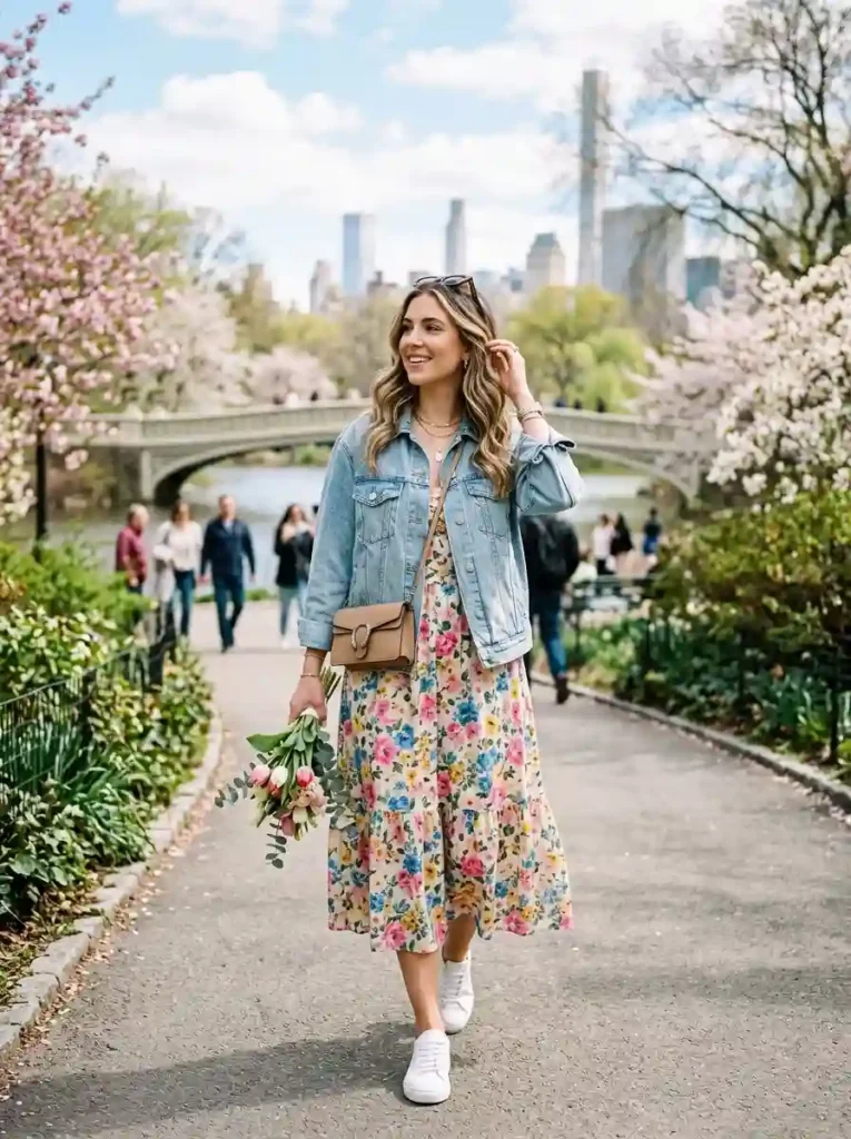 Denim Jacket and Floral Midi Dress