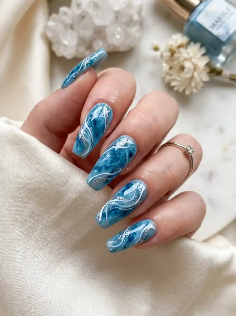Ice Blue Marble Nails
