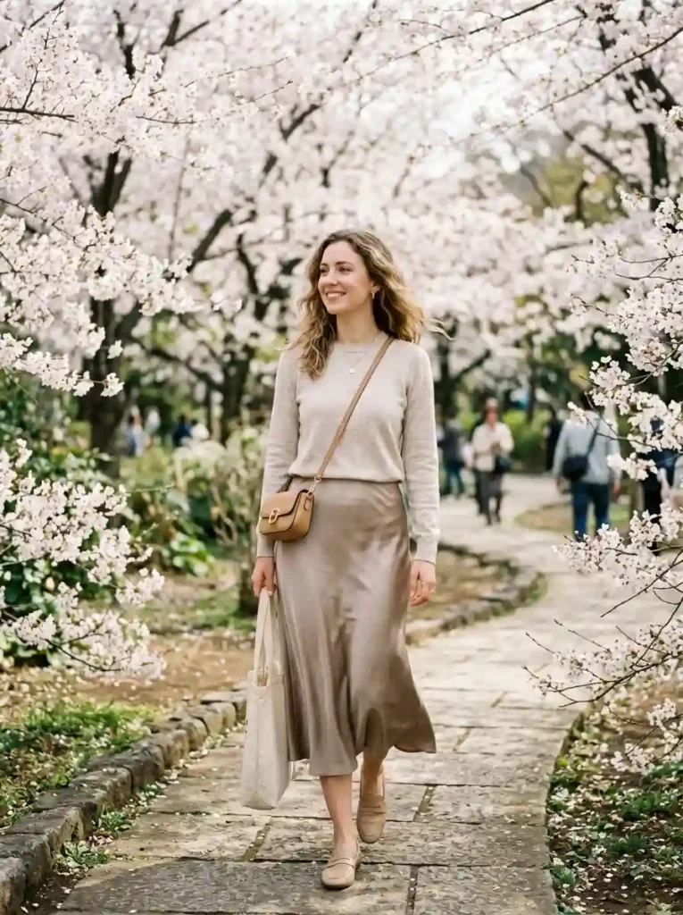 Knit Sweater and Satin Midi Skirt