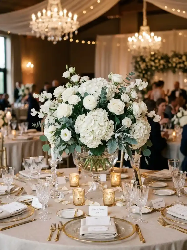 White Hydrangeas in Glass Compotes