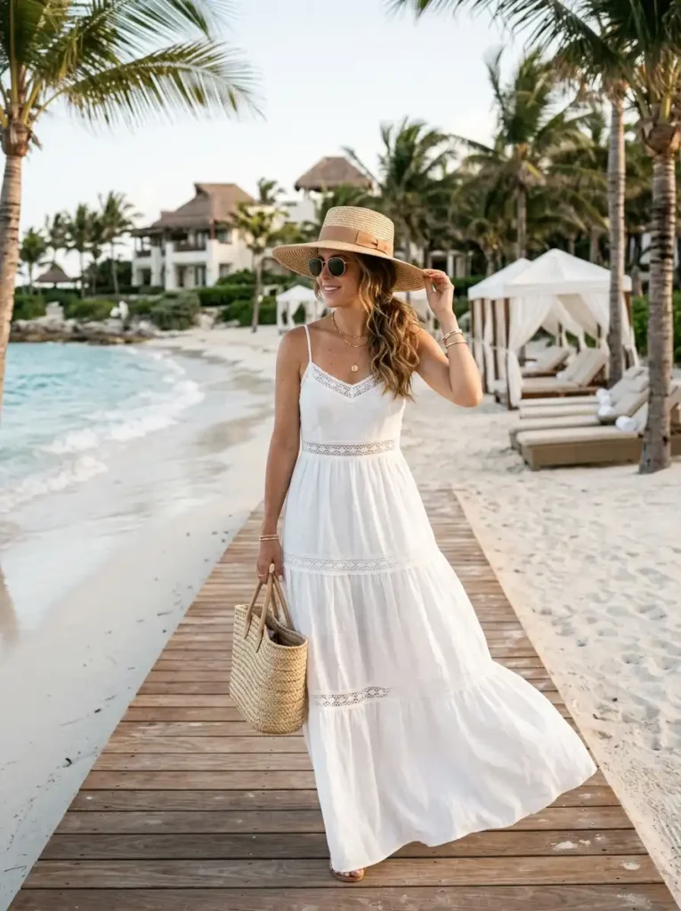 White Maxi Dress with Straw Accessories