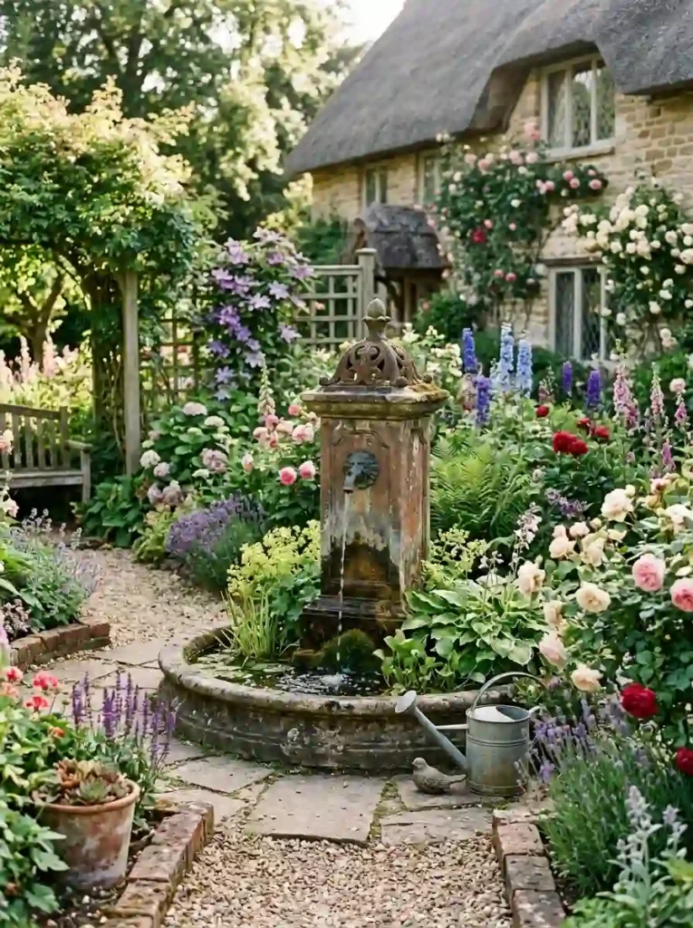Rustic Fountain with Cottage Garden