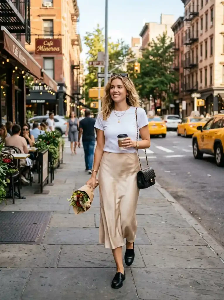 Satin Midi Skirt and White Tee