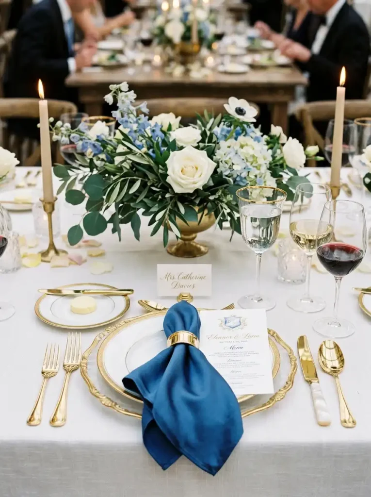 Blue Silk Napkins with Gold Rings