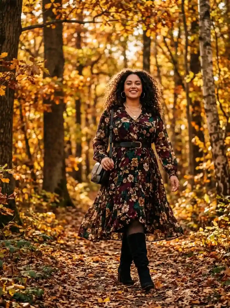 Dark Floral Midi Dress and Knee-High Boots
