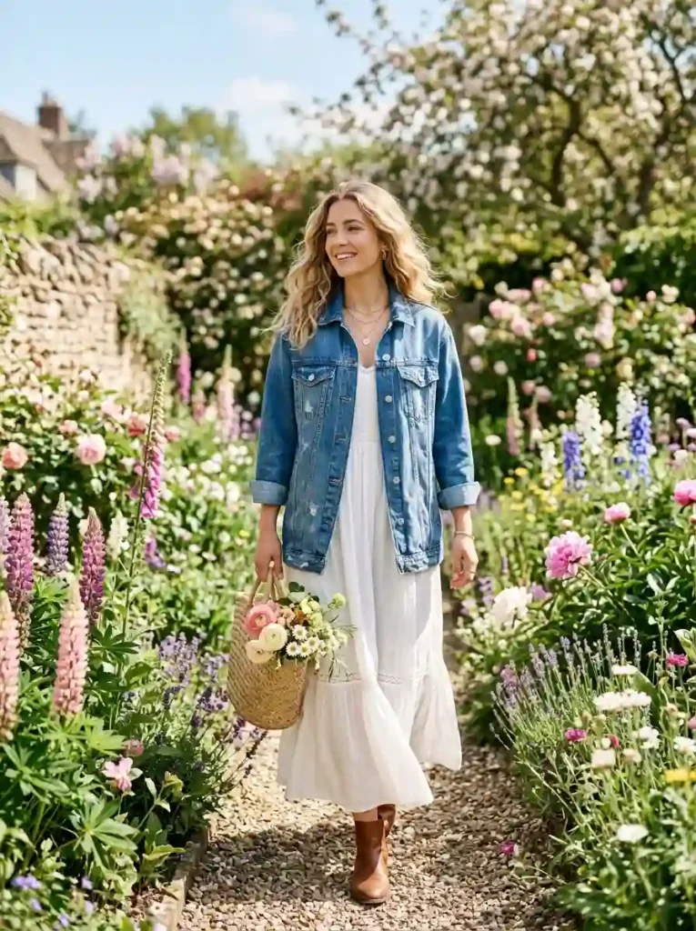 .Denim Jacket and White Maxi Dress
