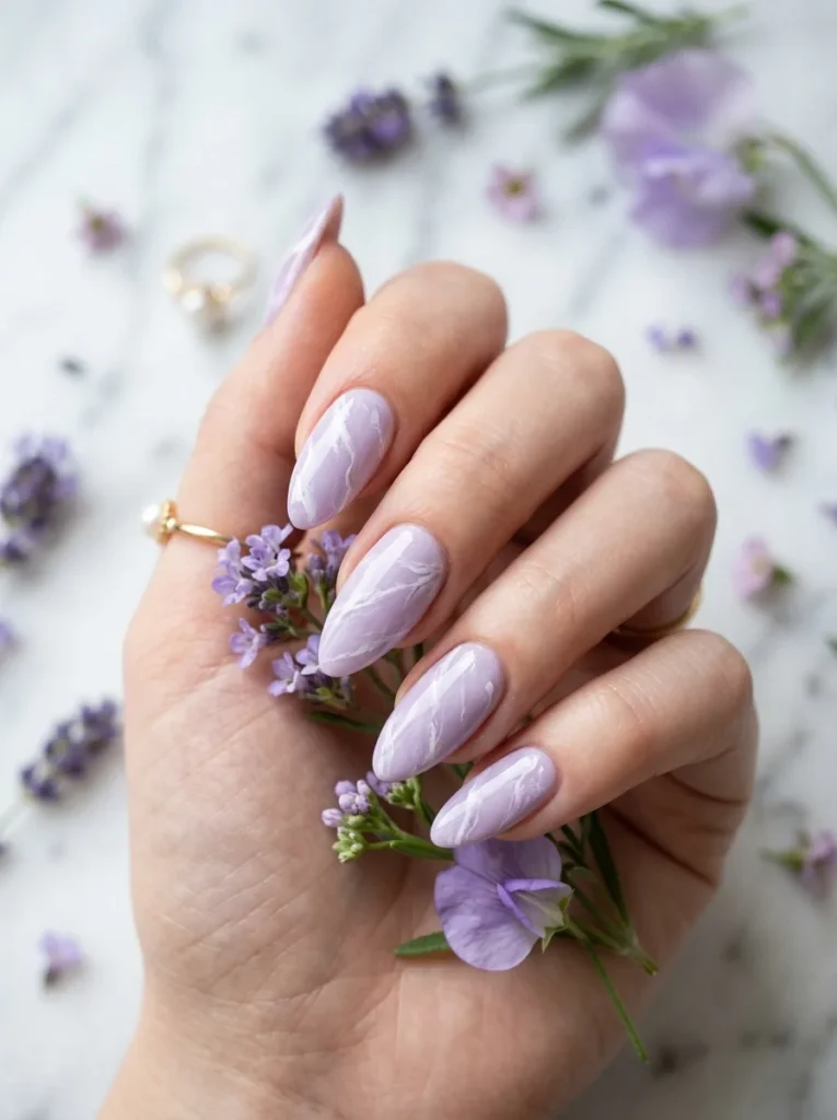 Lavender and White Marble Nails